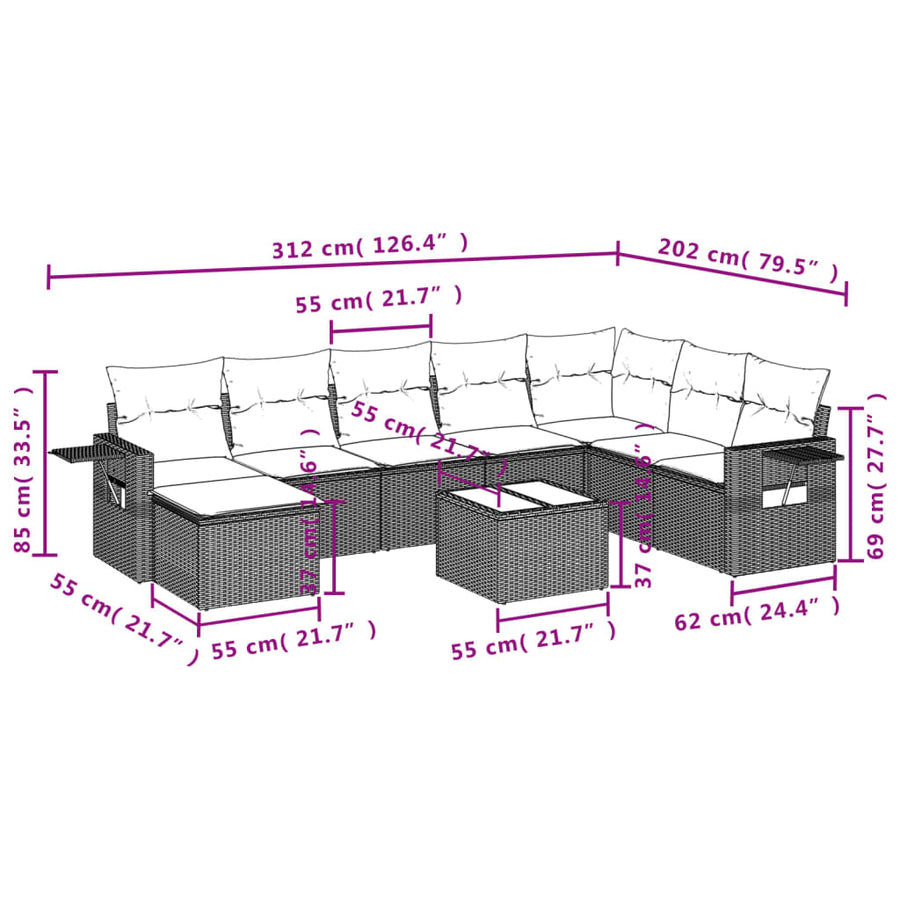 9-Delige Loungeset Met Kussens Poly Rattan Zwart