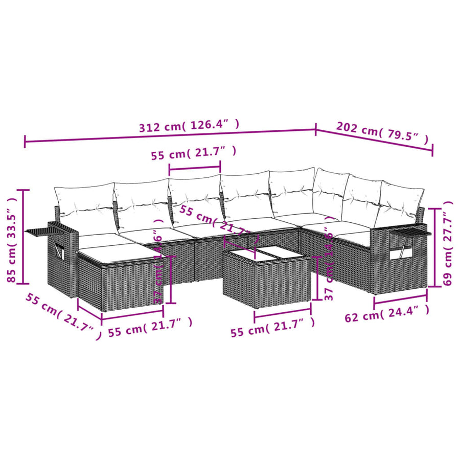 9-Delige Loungeset Met Kussens Poly Rattan Beige
