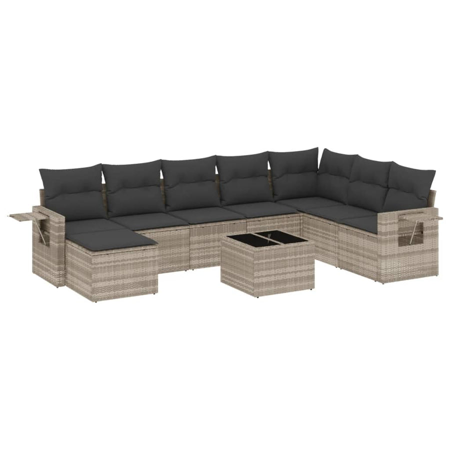 9-delige Loungeset met kussens poly rattan lichtgrijs