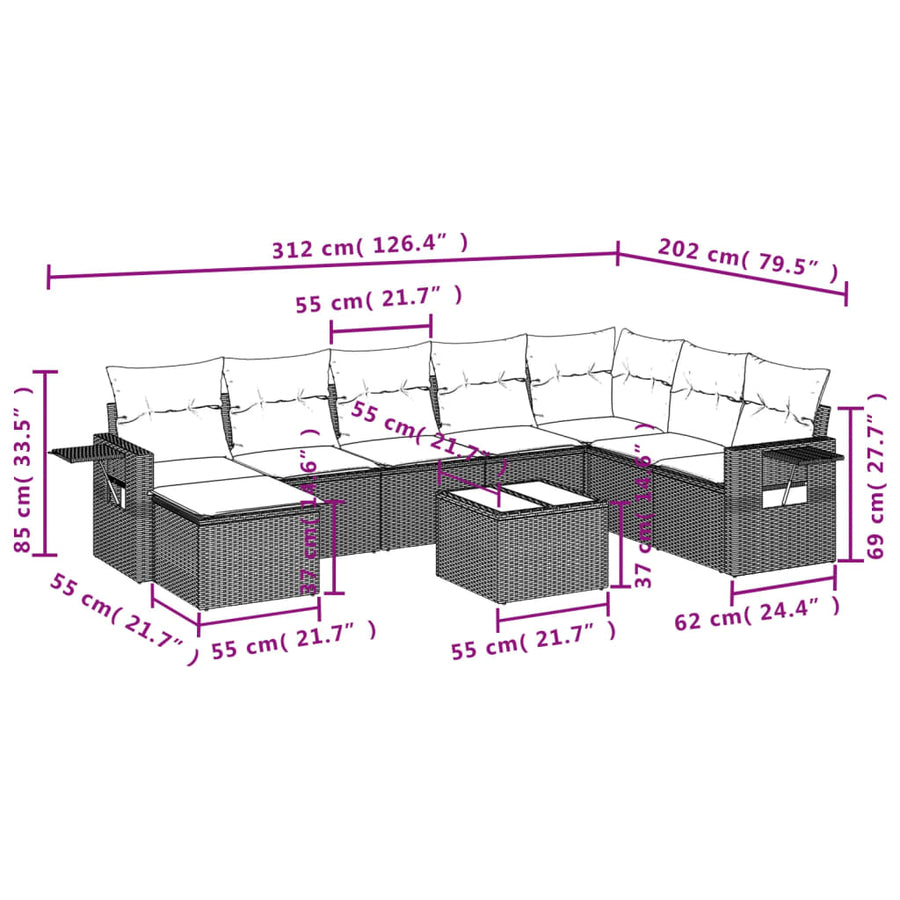 9-delige Loungeset met kussens poly rattan lichtgrijs