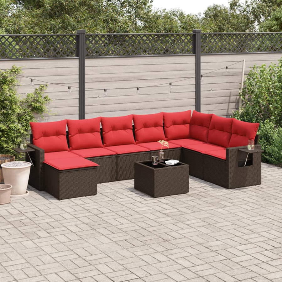 9-delige tuinbankset met kussens, bruin polyrotan