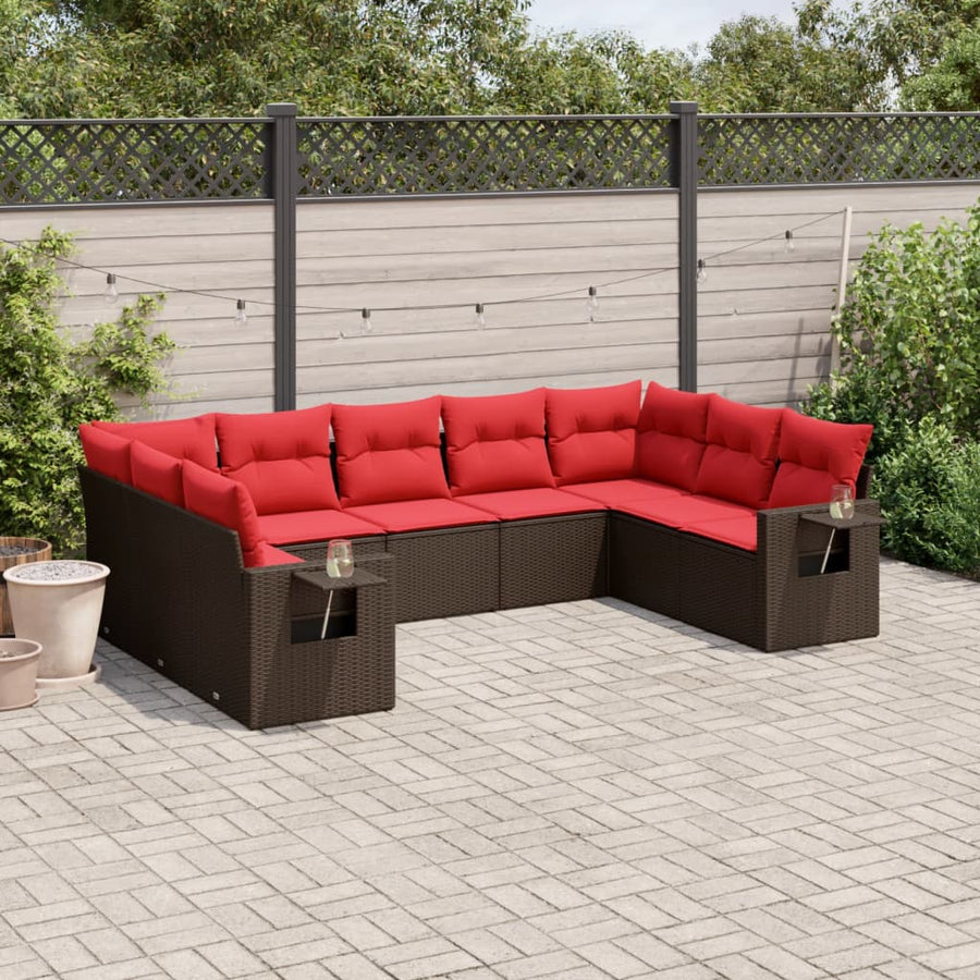 9-delige tuinbankset met kussens, bruin polyrotan