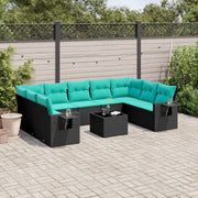 Tuinbankset 10-delig polyrotan zwart met kussens