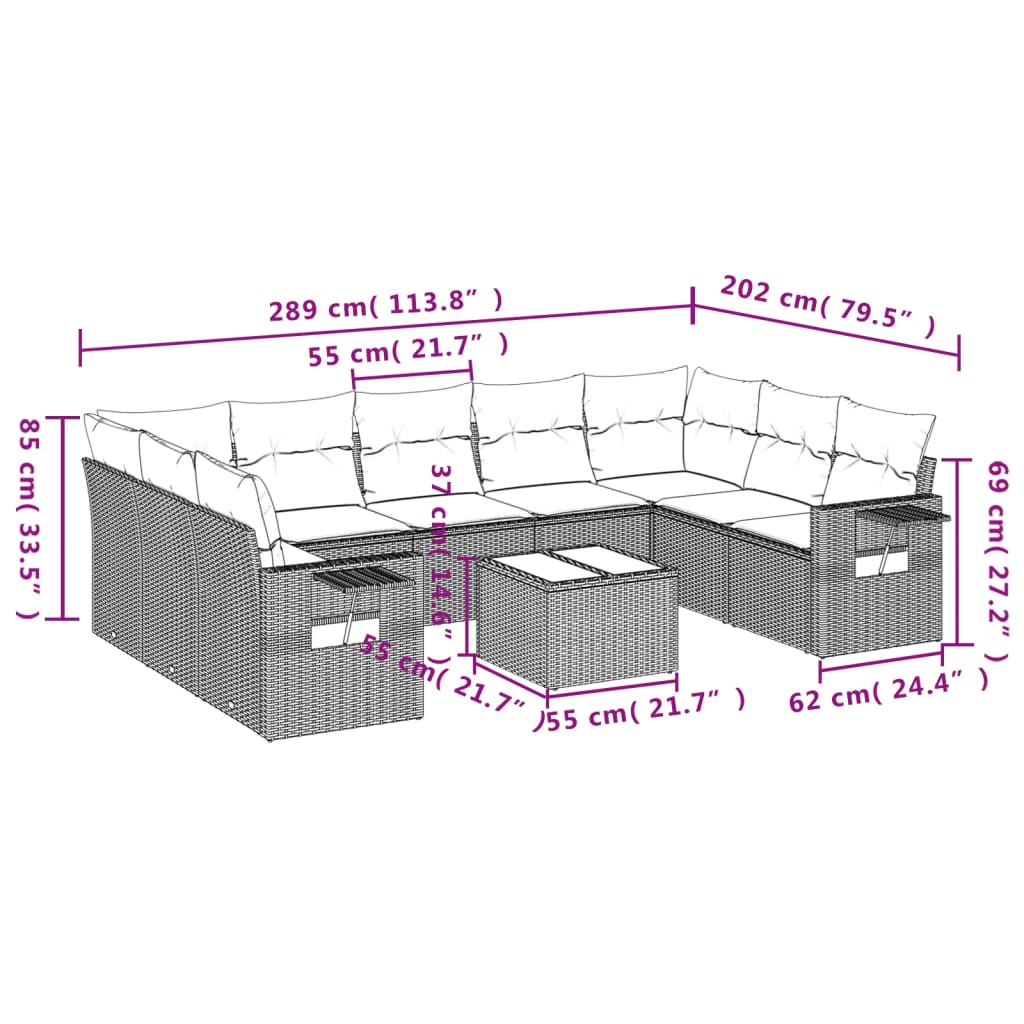 10-delige tuinbankset met kussens, grijs polyrotan