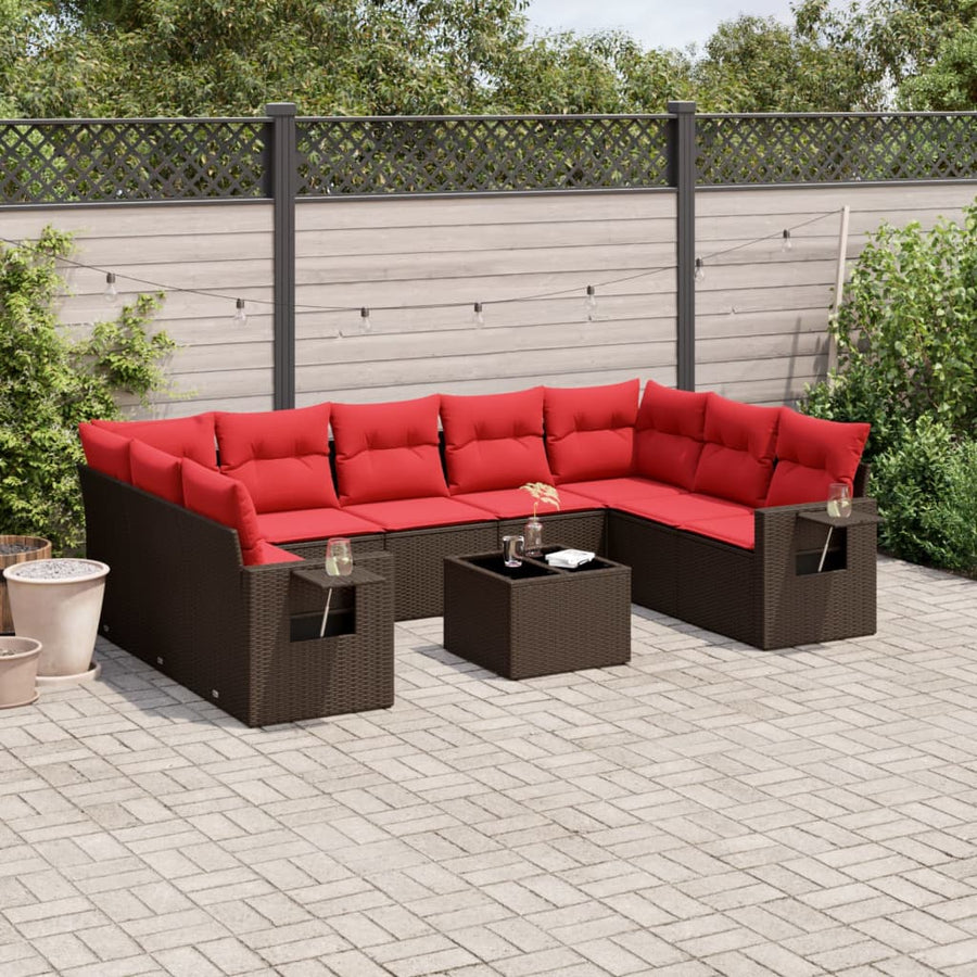 10-delige tuinbankset met kussens, bruin polyrotan