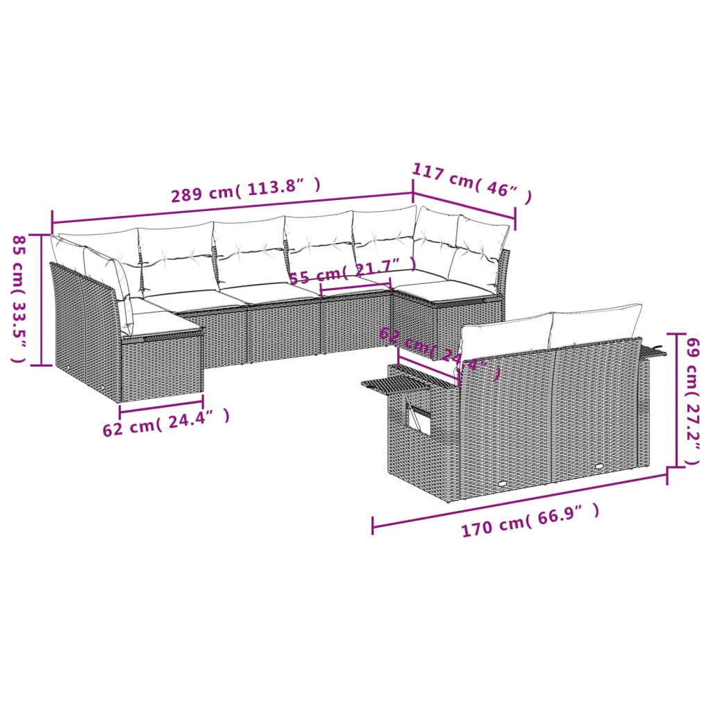 9-Delige Loungeset Met Kussens Poly Rattan Zwart