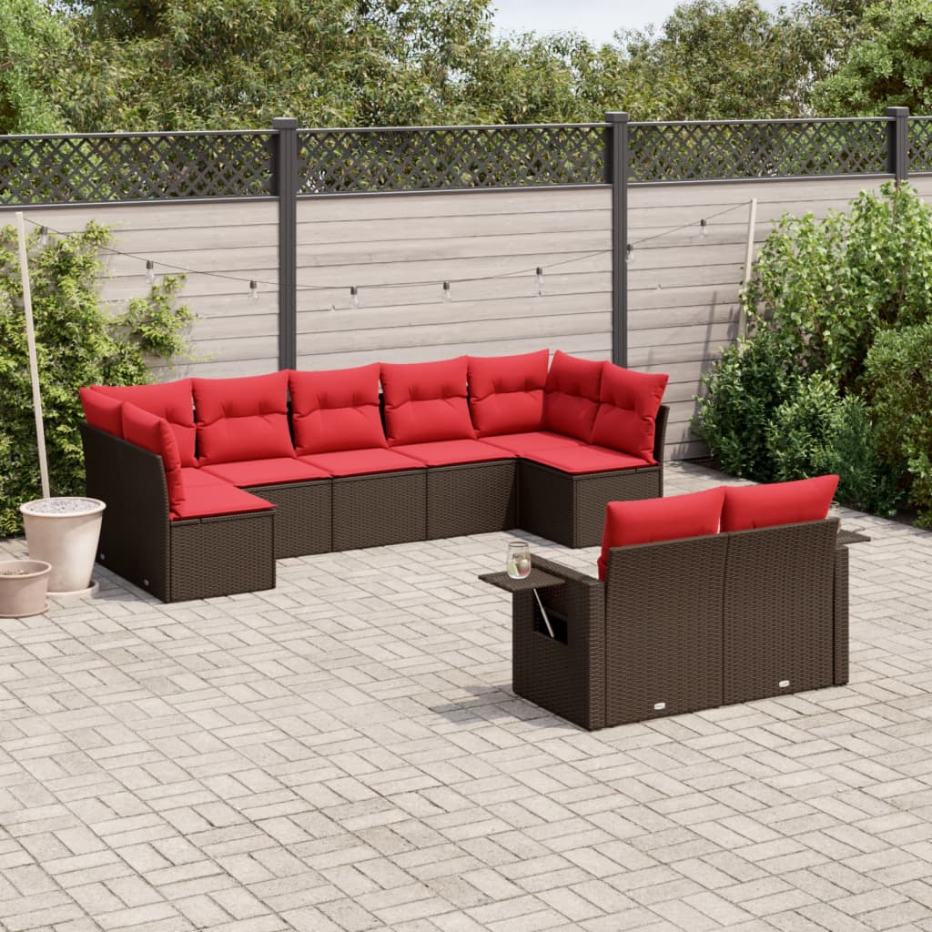 9-delige tuinbankset met kussens, bruin polyrotan