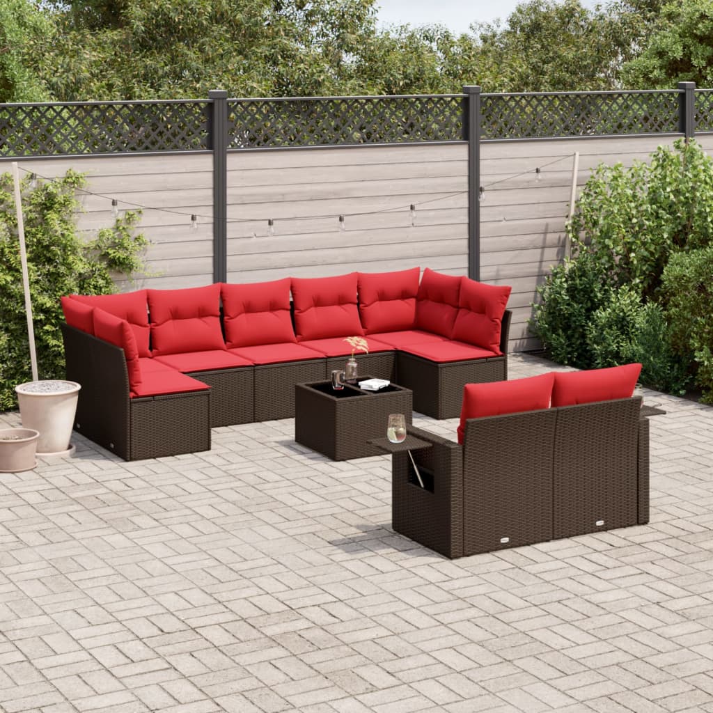 10-delige tuinbankset met kussens, bruin polyrotan