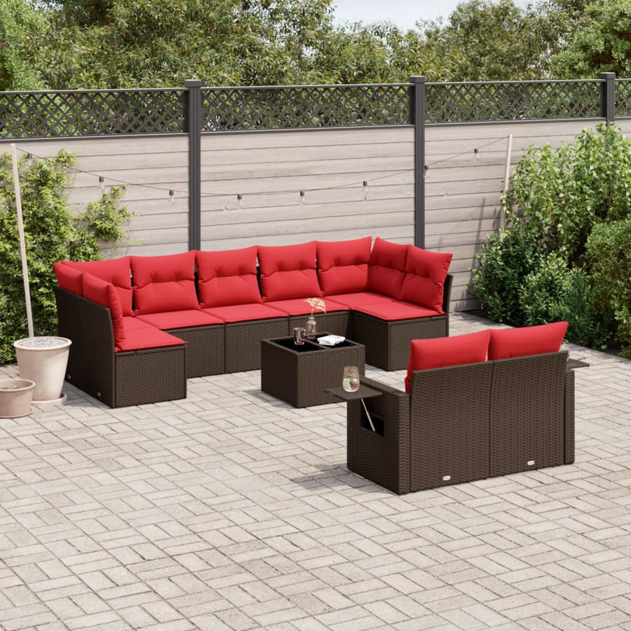 10-delige tuinbankset met kussens, bruin polyrotan