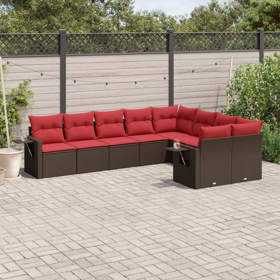 9-delige tuinbankset met kussens, bruin polyrotan