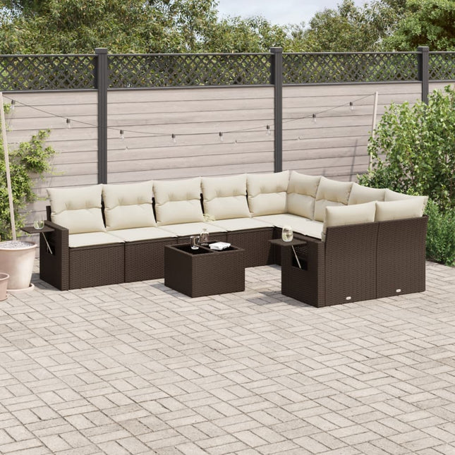 10-delige Loungeset met kussens poly rattan bruin