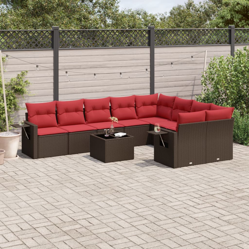 10-delige tuinbankset met kussens, bruin polyrotan