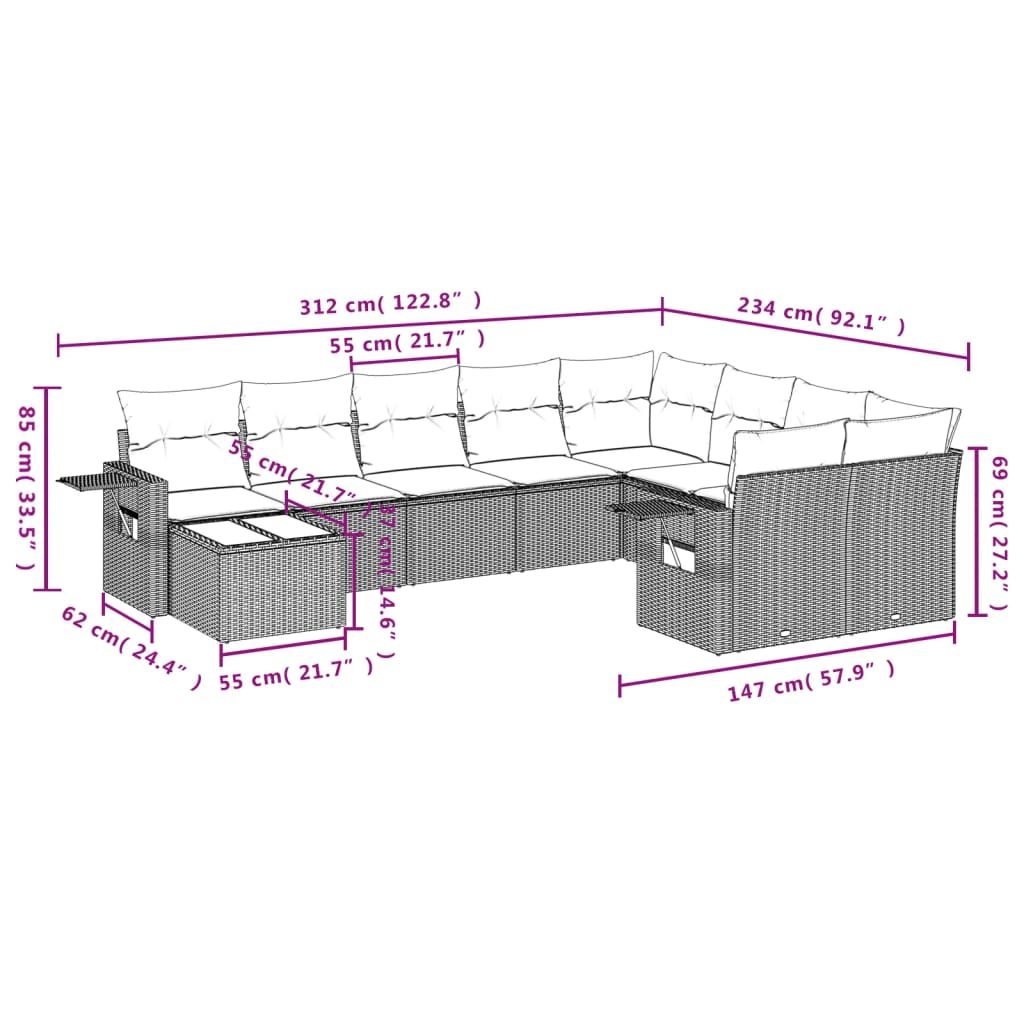 10-Delige Loungeset Met Kussens Poly Rattan Beige