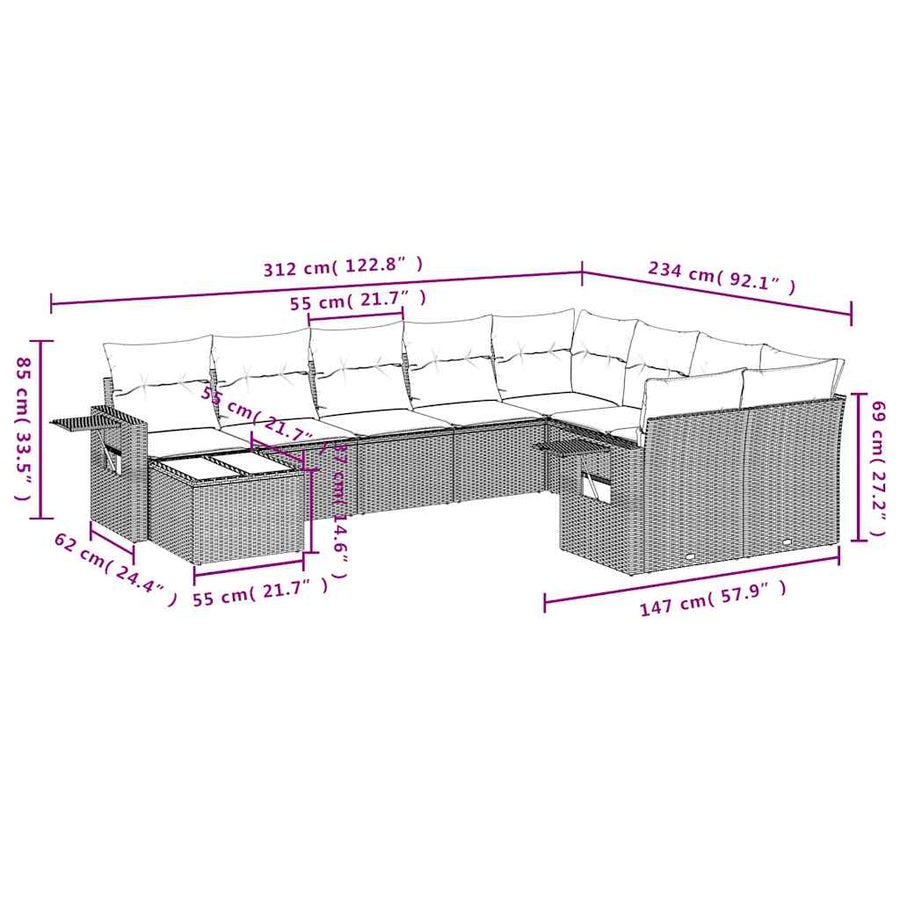 10-delige tuinbankset met kussens, grijs polyrotan