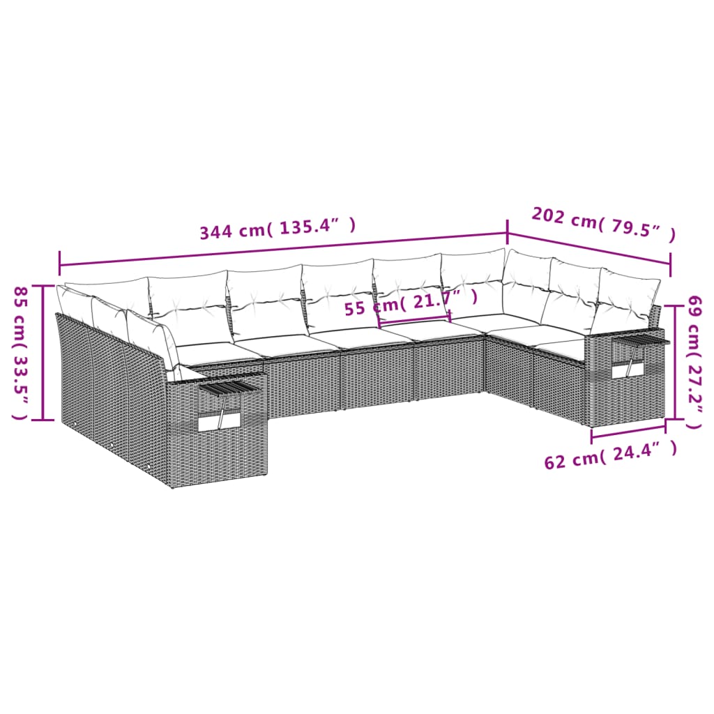 10-delige tuinbankset met kussens, grijs polyrotan