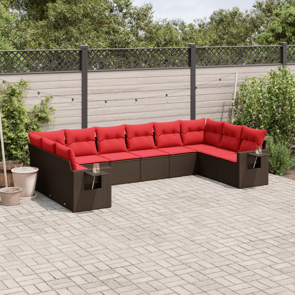 10-delige tuinbankset met kussens, bruin polyrotan