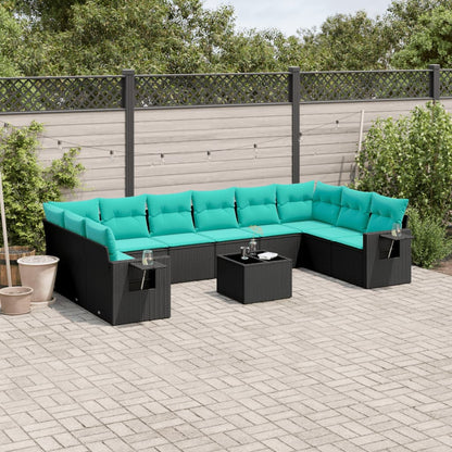 11-delige tuinbankset met kussens, zwart polyrotan