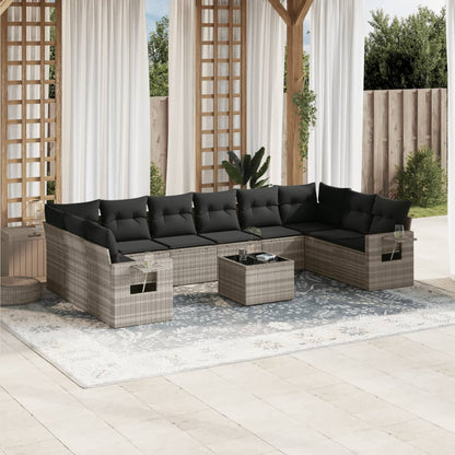 11-delige Loungeset met kussens poly rattan lichtgrijs
