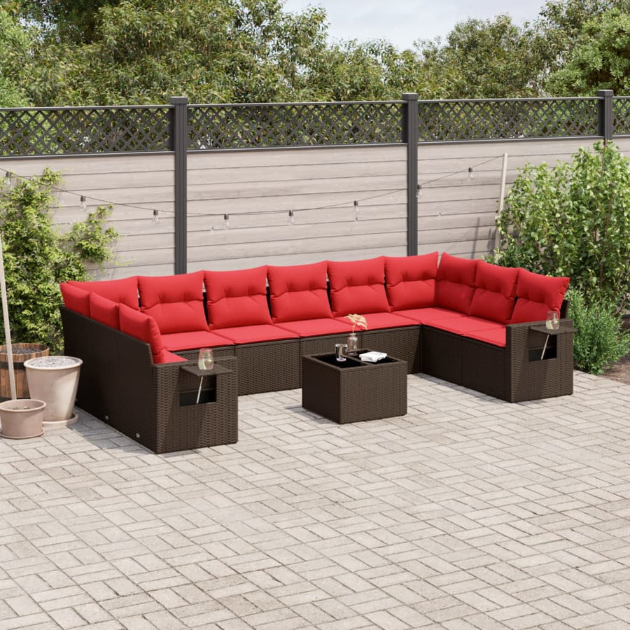 11-delige tuinbankset met kussens, bruin polyrotan