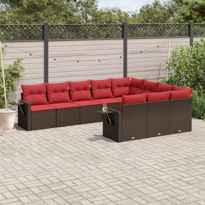 10-delige tuinbankset met kussens, bruin polyrotan