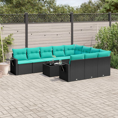 11-delige tuinbankset met kussens, zwart polyrotan
