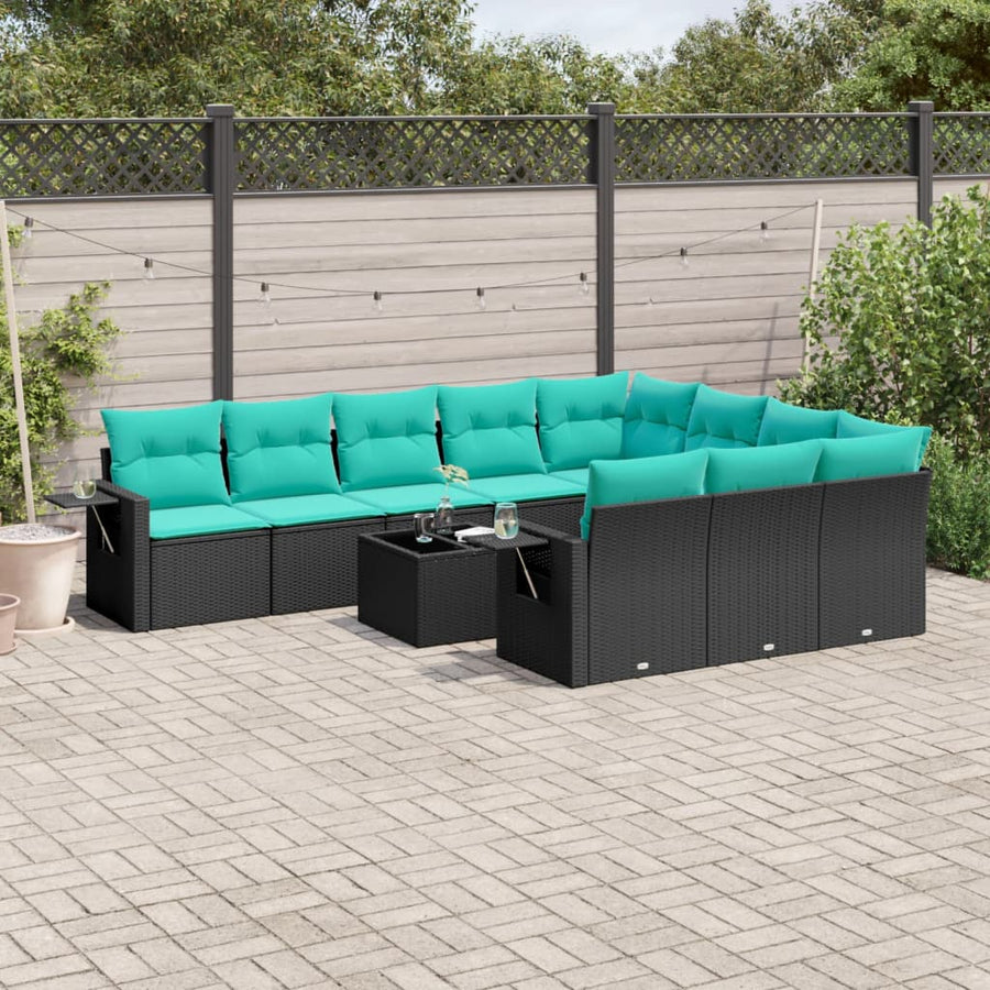 11-delige tuinbankset met kussens, zwart polyrotan