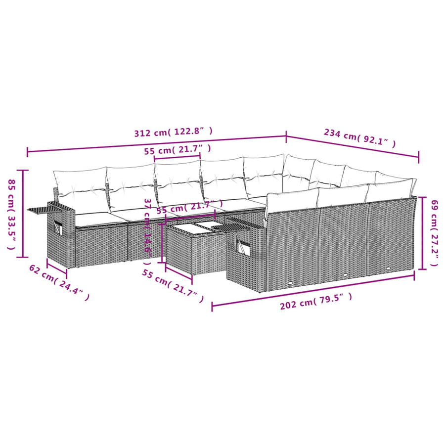11-Delige Tuinset Met Kussens Poly Rattan Beige