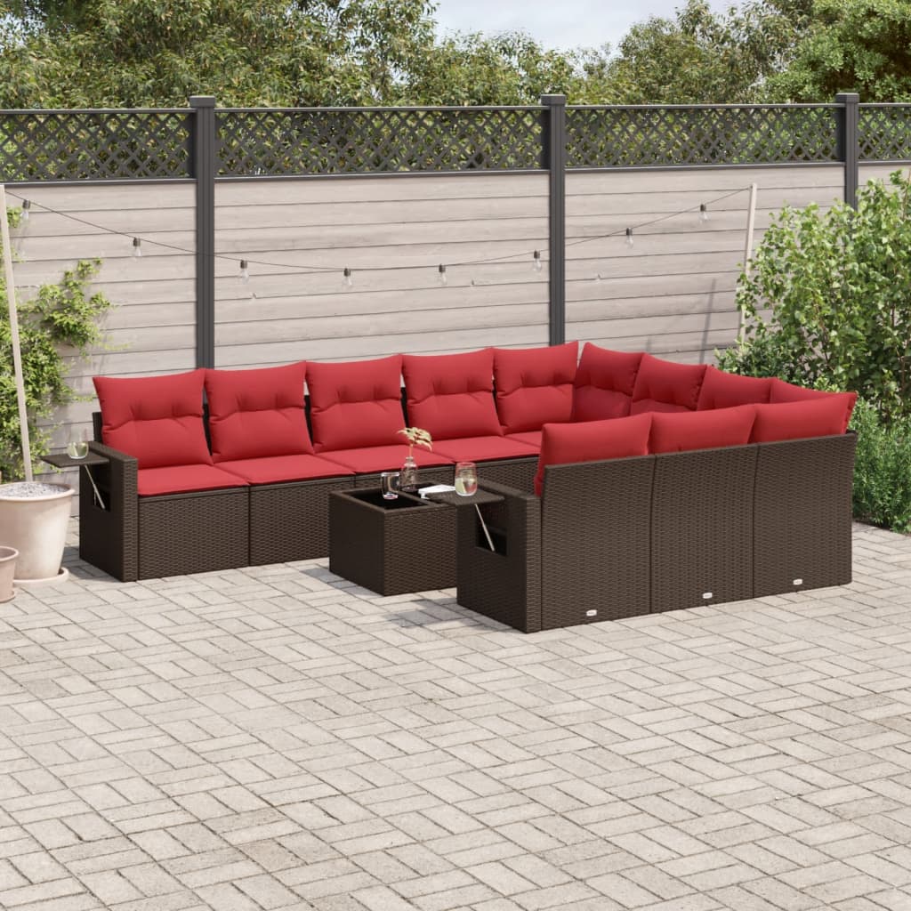 11-delige tuinbankset met kussens, bruin polyrotan