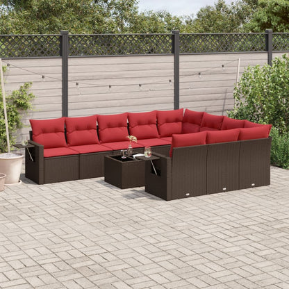 11-delige tuinbankset met kussens, bruin polyrotan
