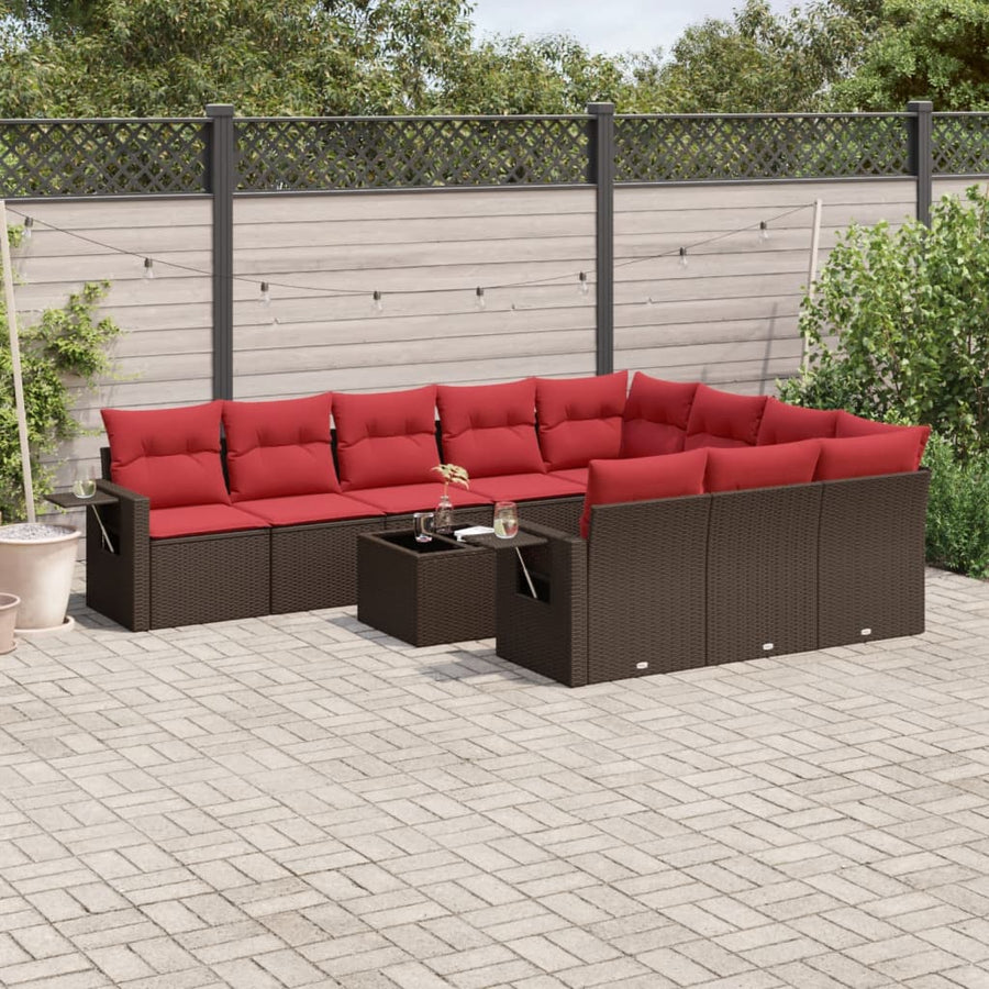 11-delige tuinbankset met kussens, bruin polyrotan