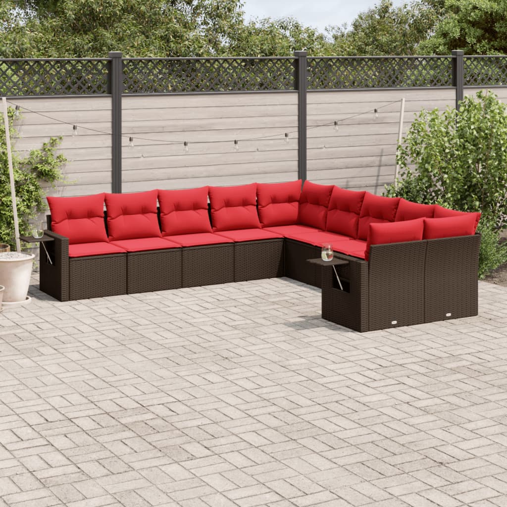 10-delige tuinbankset met kussens, bruin polyrotan