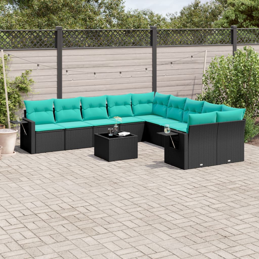 11-delige tuinbankset met kussens, zwart polyrotan