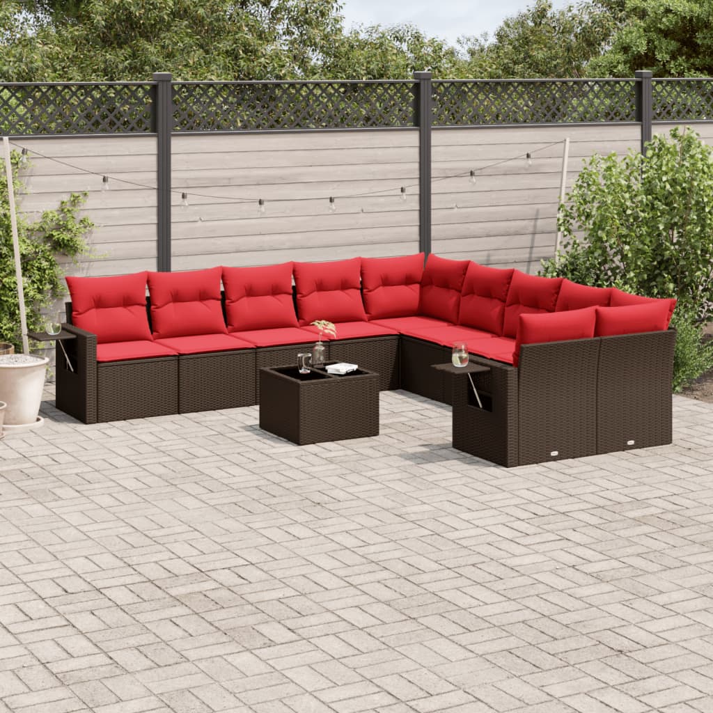 11-delige tuinbankset met kussens, bruin polyrotan