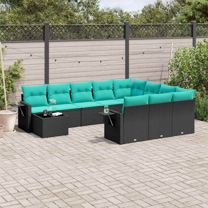11-delige tuinbankset met kussens, zwart polyrotan