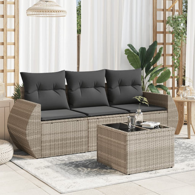 4-delige Loungeset met kussens poly rattan lichtgrijs