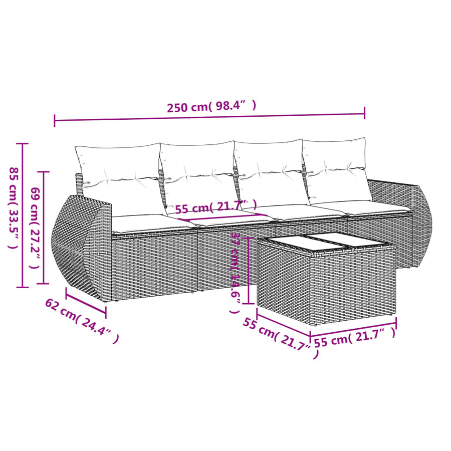 5-delige Loungeset met kussens poly rattan lichtgrijs