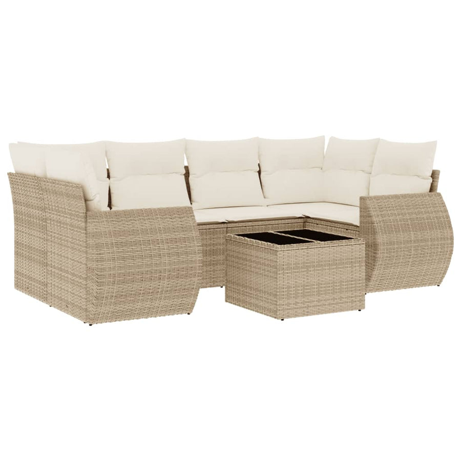 7-delige Loungeset met kussens poly rattan beige