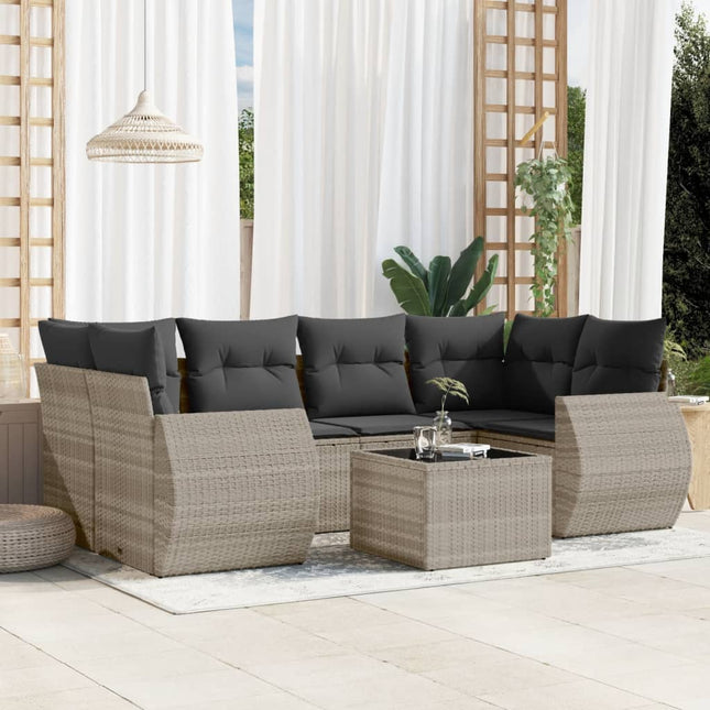 7-delige Loungeset met kussens poly rattan lichtgrijs