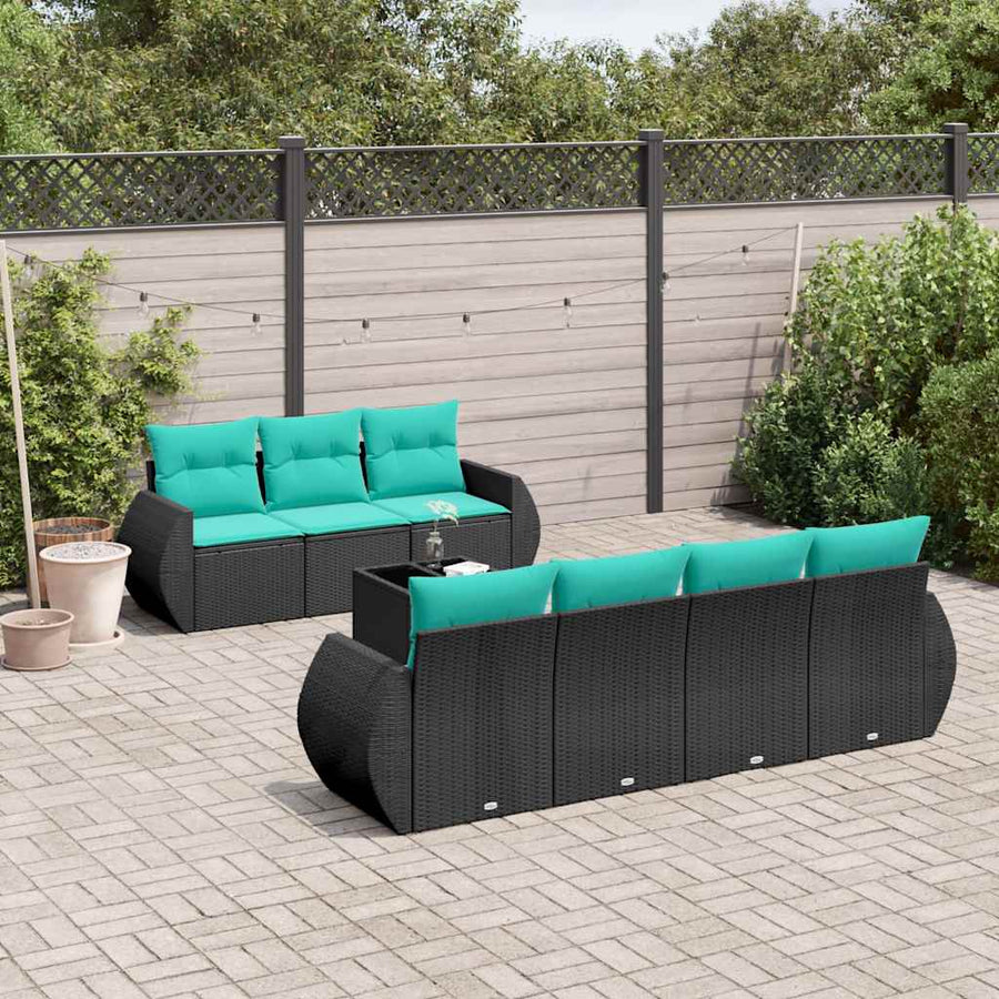 8-delige tuinbankset met kussens, zwart polyrotan