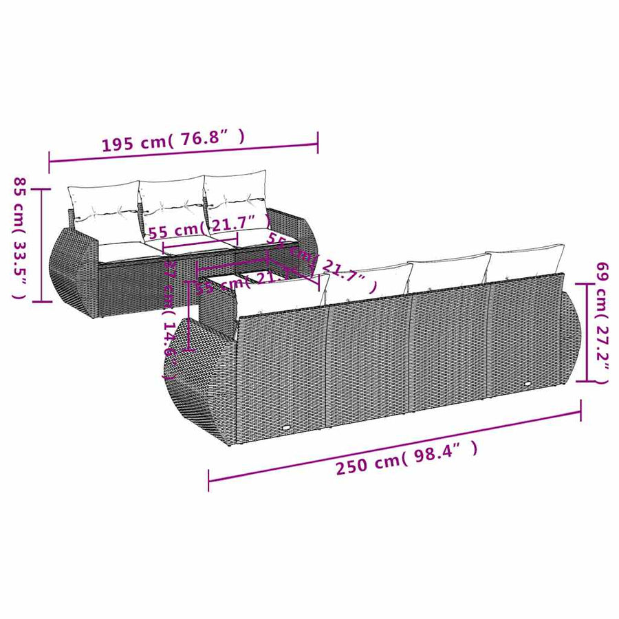 8-delige tuinbankset met kussens, grijs polyrotan
