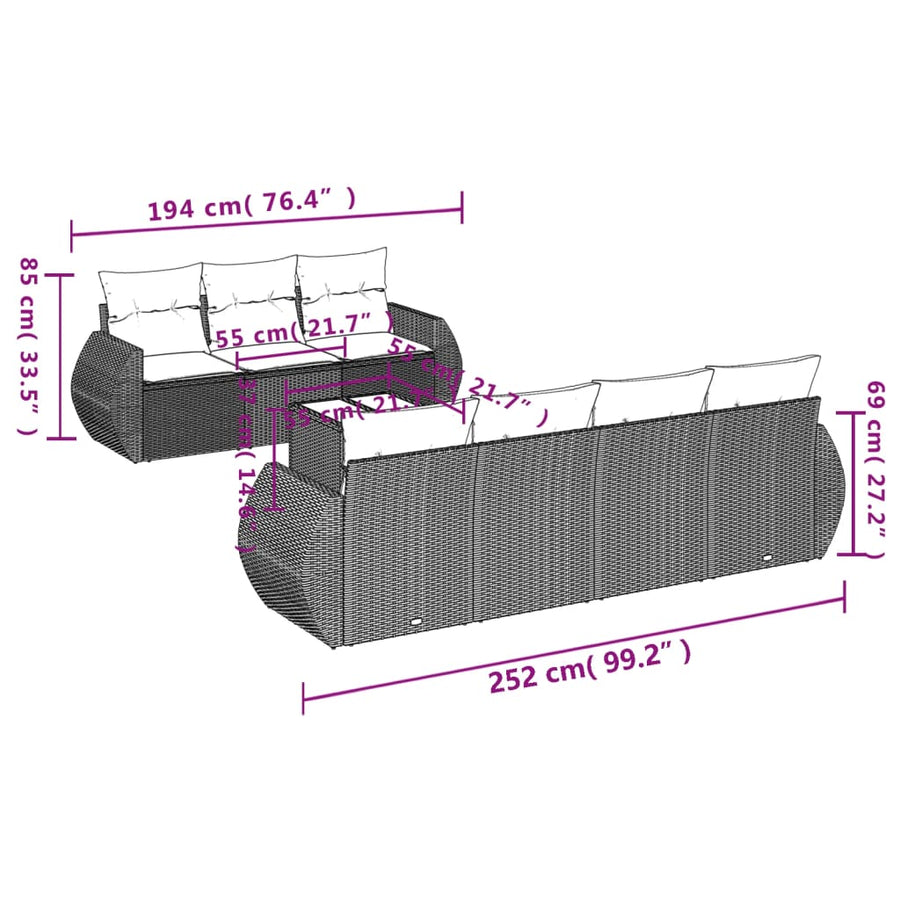8-delige Loungeset met kussens poly rattan lichtgrijs