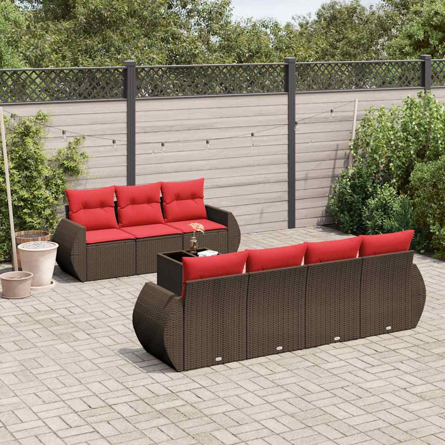 8-delige tuinbankset met kussens, bruin polyrotan