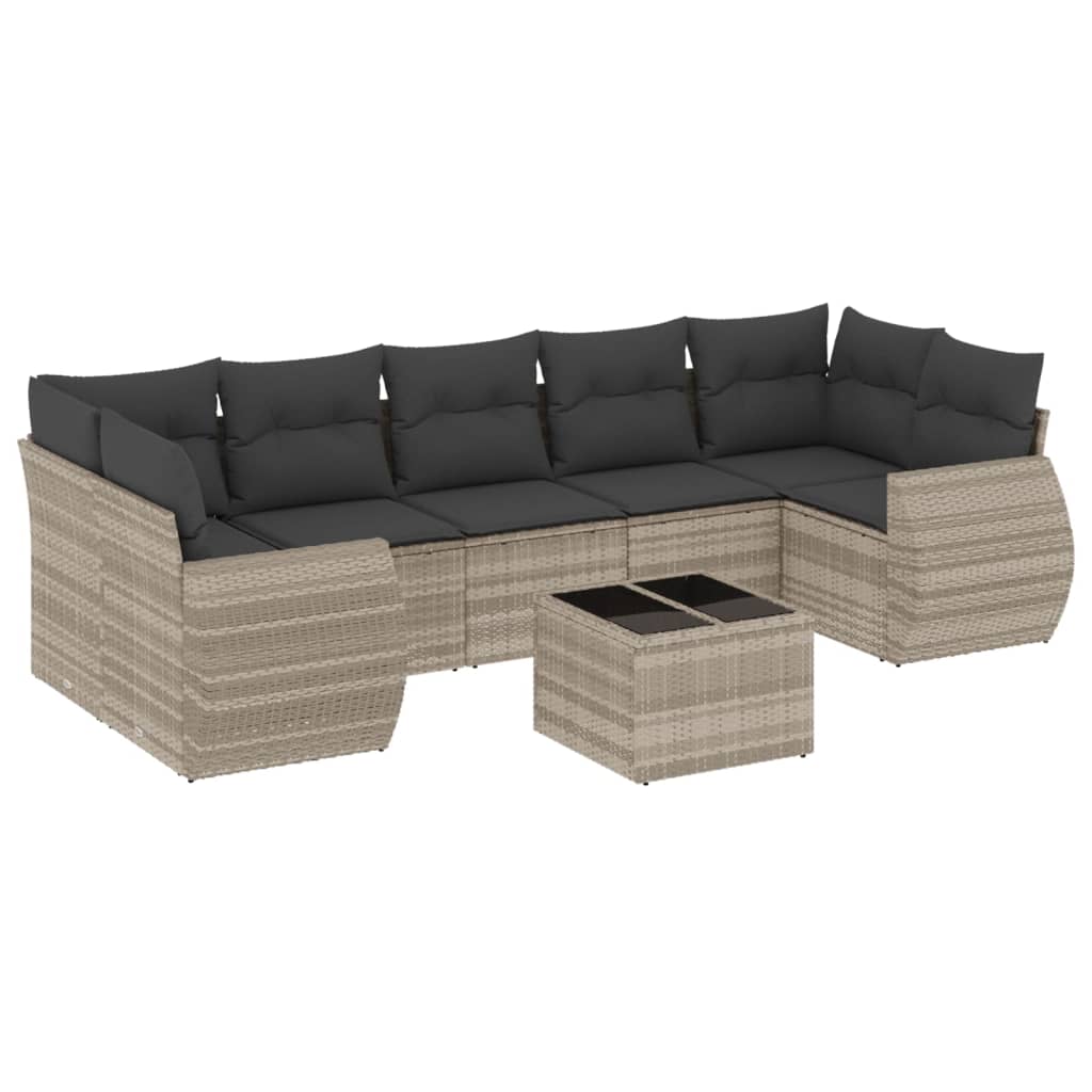 8-delige Loungeset met kussens poly rattan lichtgrijs