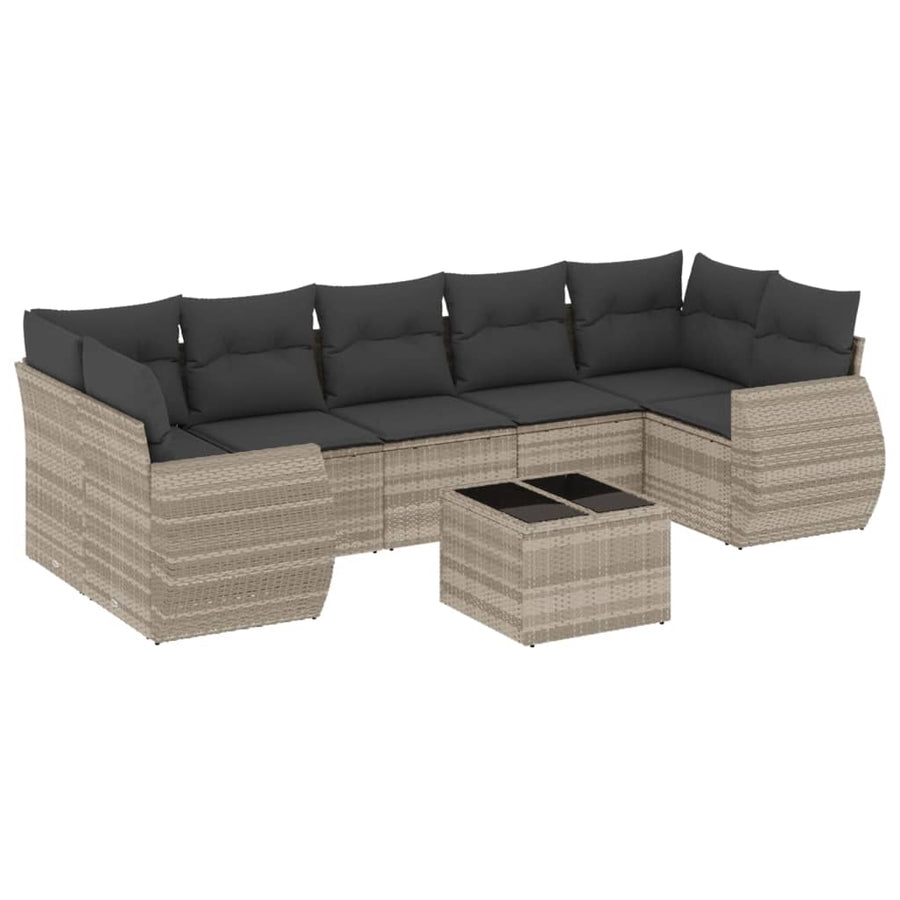 8-delige Loungeset met kussens poly rattan lichtgrijs