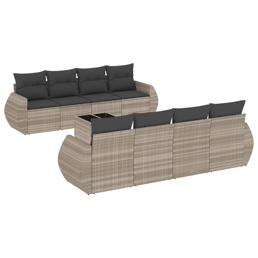 9-delige Loungeset met kussens poly rattan lichtgrijs