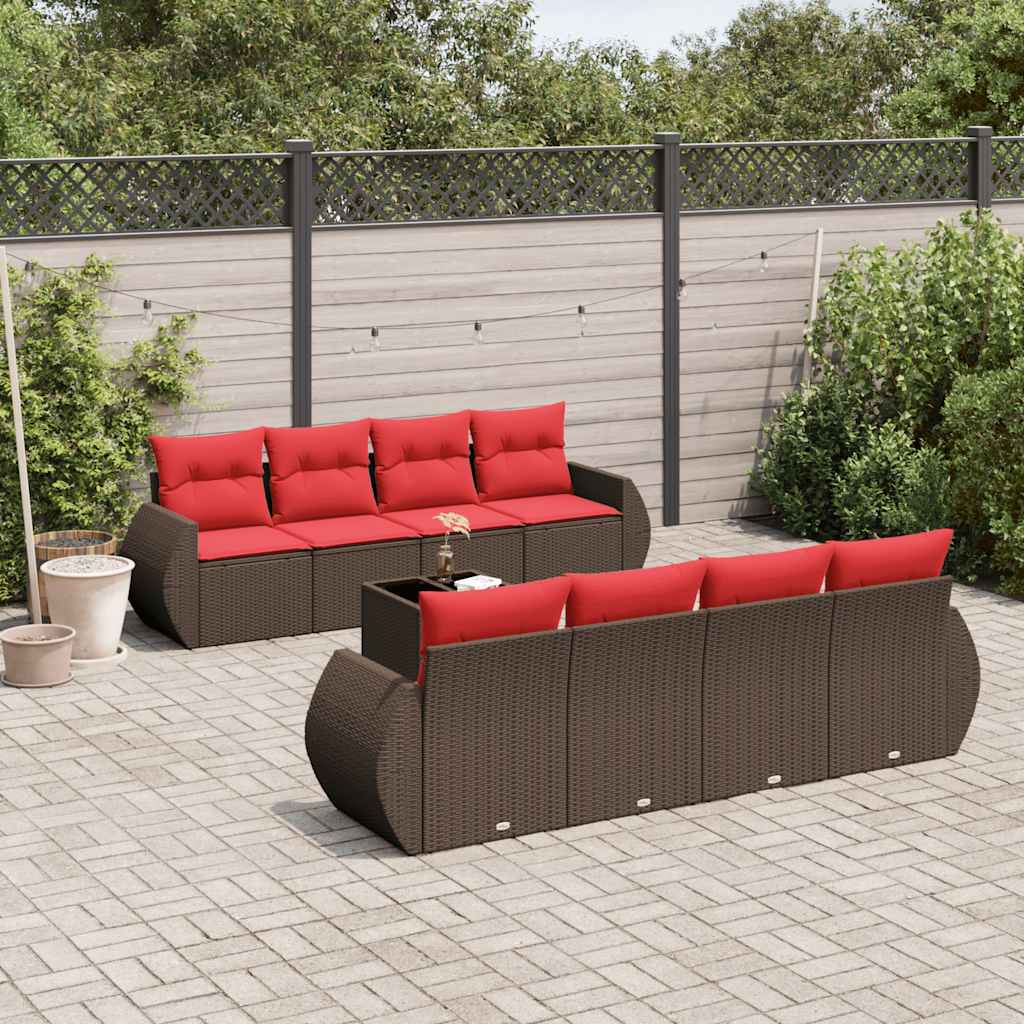 9-delige tuinbankset met kussens, bruin polyrotan