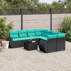 9-piece garden sofa set with cushions in black poly rattan