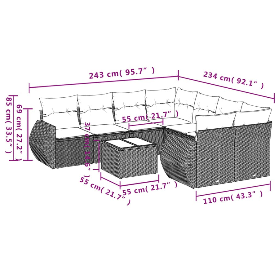 9-Delige Loungeset Met Kussens Poly Rattan Beige