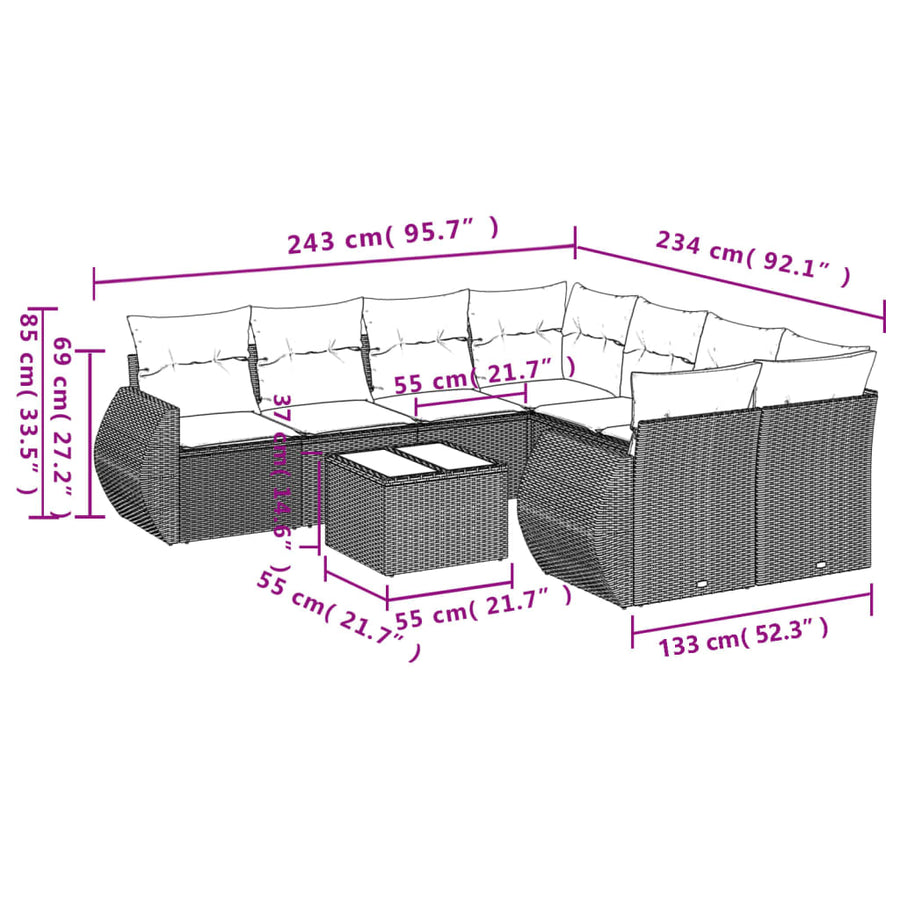 9-Delige Loungeset Met Kussens Poly Rattan Grijs
