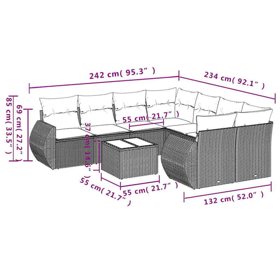 9-delige tuinbankset met kussens, grijs polyrotan